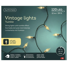 Lumineo Logo. Led-lichtsnoer Vintage lights Twinkle met 120 leds, 12 meter lang. Groene kabel, lichtkleur zacht goud. 8 functies en timer.