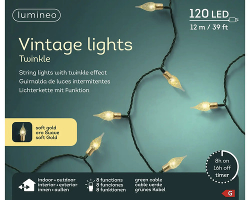 Lumineo Logo. Led-lichtsnoer Vintage lights Twinkle met 120 leds, 12 meter lang. Groene kabel, lichtkleur zacht goud. 8 functies en timer.