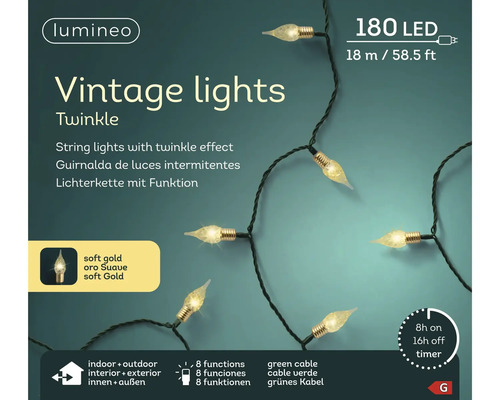 Lumineo Vintage LED-kerstverlichting Twinkle, 180 leds, 18 meter, voor binnen en buiten, 8 functies, timer, groene kabel.