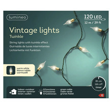 Lumineo Vintage lichtsnoer met 120 LED, 12 meter lengte, warm wit licht, twinkle-effect, voor binnen en buiten, 8 functies en een timer.