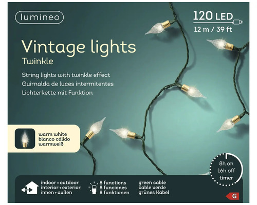 Lumineo Vintage lichtsnoer met 120 LED, 12 meter lengte, warm wit licht, twinkle-effect, voor binnen en buiten, 8 functies en een timer.