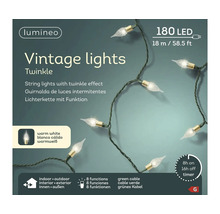 Lumineo Logo, LED lichtsnoer Vintage Twinkle, 180 warmwitte leds, 18 meter, 8 functies, timer, voor binnen en buiten, groene kabel.