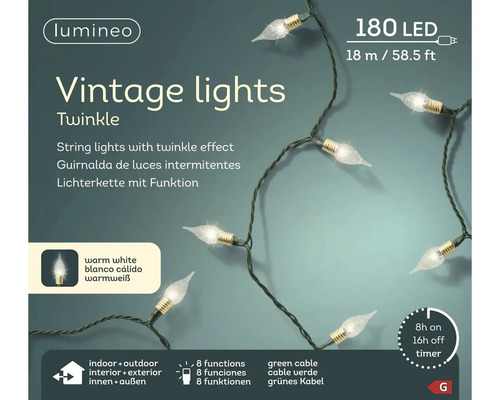 Lumineo Logo, LED lichtsnoer Vintage Twinkle, 180 warmwitte leds, 18 meter, 8 functies, timer, voor binnen en buiten, groene kabel.