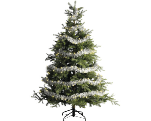 Kunstkerstboom met zilveren slingers en ledverlichting op een metalen standaard.