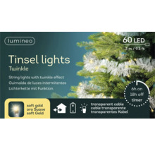 Lumineo Tinsel lights Twinkle lichtsnoer met 60 soft gold leds, 3 meter lang, op batterijen met timer, transparant snoer, voor binnen.