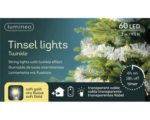 Lumineo Tinsel lights Twinkle lichtsnoer met 60 soft gold leds, 3 meter lang, op batterijen met timer, transparant snoer, voor binnen.