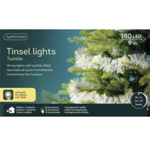 Lumineo Logo, lichtsnoer met 180 LED in zacht goud, 9 meter lang, 8 functies, timer, voor binnen en buiten, transparante kabel.
