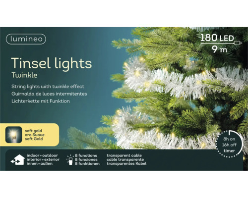 Lumineo Logo, lichtsnoer met 180 LED in zacht goud, 9 meter lang, 8 functies, timer, voor binnen en buiten, transparante kabel.