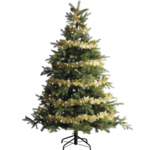 Kunstkerstboom met gouden slingers en ledverlichting op een zwarte metalen standaard.