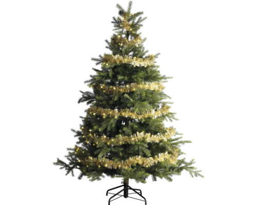 Kunstkerstboom met gouden slingers en ledverlichting op een zwarte metalen standaard.