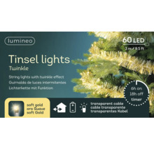 Lumineo Logo, guirlande lichtsnoer met 60 led-lampjes in soft gold, 3 meter lang, met timer en batterijvoeding.
