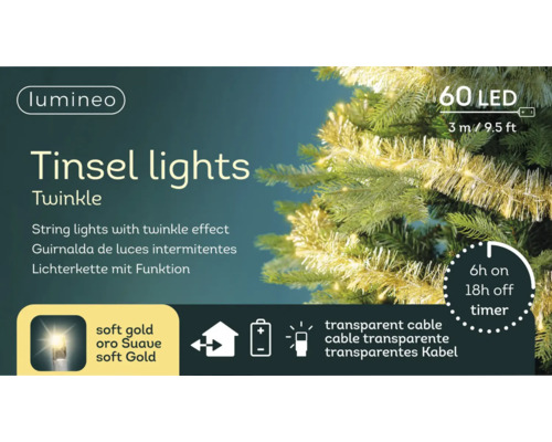 Lumineo Logo, guirlande lichtsnoer met 60 led-lampjes in soft gold, 3 meter lang, met timer en batterijvoeding.