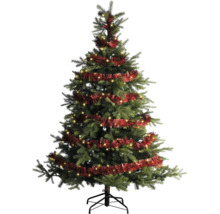 Kunstkerstboom met geïntegreerde LED-verlichting, rode slinger en stevige metalen standaard.