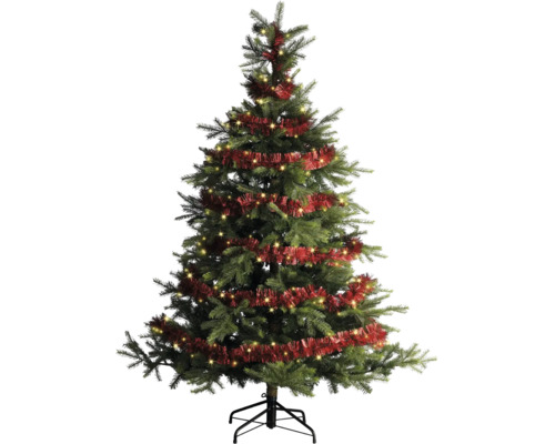 Kunstkerstboom met geïntegreerde LED-verlichting, rode slinger en stevige metalen standaard.