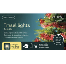 Lumineo LED-verlichting Twinkle, 60 LEDs in soft gold, 3 meter lang, groen snoer, timerfunctie en op batterijen.