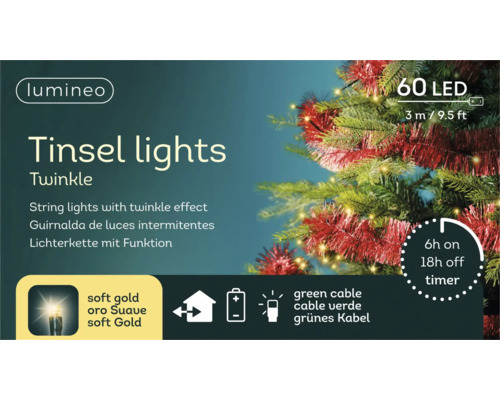 Lumineo LED-verlichting Twinkle, 60 LEDs in soft gold, 3 meter lang, groen snoer, timerfunctie en op batterijen.