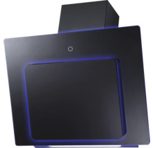 Wandmodel afzuigkap in zwart met blauwe led-omgevingsverlichting.