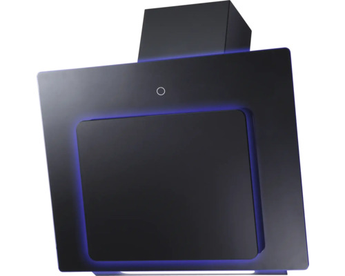 Wandmodel afzuigkap in zwart met blauwe led-omgevingsverlichting.