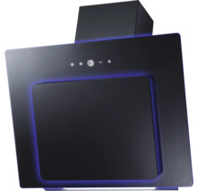 Zwarte schuine afzuigkap met blauwe LED-verlichting en aanraakbediening.
