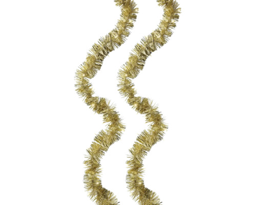 Gouden kerstslinger van lametta met warmwitte LED-lampjes in golfvorm voor kerstdecoratie.