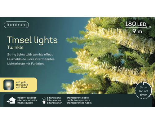 Lumineo LED-slingerverlichting Twinkle met slingers, 180 leds, 9 meter lang, binnen en buiten, 8 functies, timer en transparante kabel.
