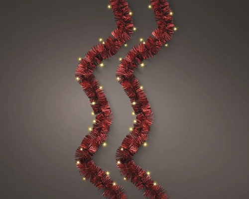 Rode kerstslinger van lametta met LED-verlichting in golvende vorm.