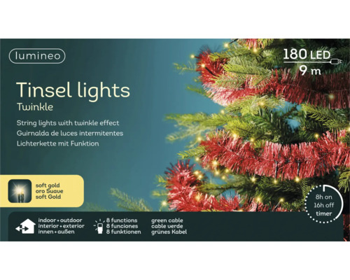 Lumineo Tinsel lights Twinkle lichtsnoer, 180 LED, 9 meter lengte, 8 functies, timer, voor binnen en buiten.