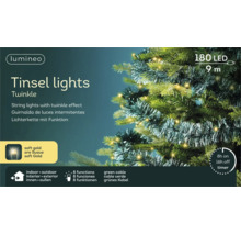 Lumineo kerstverlichting Tinsel lights Twinkle, 180 lampjes, soft gold, 9 meter, 8 functies, timer, voor binnen en buiten, op een kerstboom.