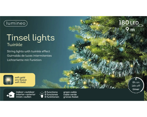 Lumineo kerstverlichting Tinsel lights Twinkle, 180 lampjes, soft gold, 9 meter, 8 functies, timer, voor binnen en buiten, op een kerstboom.