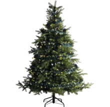 Kunstkerstboom met warmwitte LED-verlichting, groene slinger en zwarte metalen standaard.