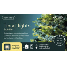 Lumineo LED-verlichtingssnoer Tinsel lights Twinkle met 60 leds, 3 meter lengte, werkt op batterijen, met timerfunctie en groene kabel.