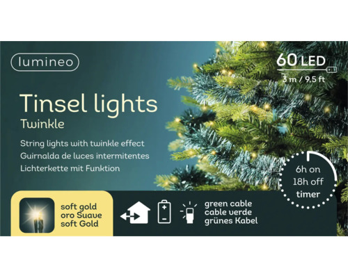 Lumineo LED-verlichtingssnoer Tinsel lights Twinkle met 60 leds, 3 meter lengte, werkt op batterijen, met timerfunctie en groene kabel.