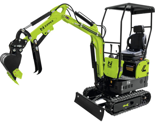 Zipper minigraafmachine in groen en zwart met graafbak, grijper, rupsbanden en beschermdak voor bouwwerkzaamheden.