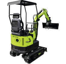 Zipper minigraafmachine in groen en zwart met rupsbanden, graafbak en overkapping