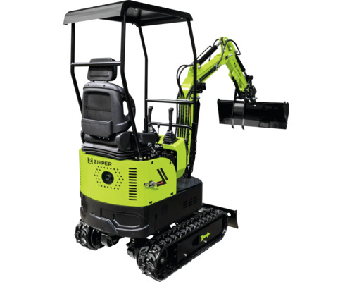 Zipper minigraafmachine in groen en zwart met rupsbanden, graafbak en overkapping