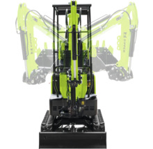 Zipper minigraafmachine met rupsbanden en schuifblad, toont het zwenkbereik van de hydraulische giek in vooraanzicht.