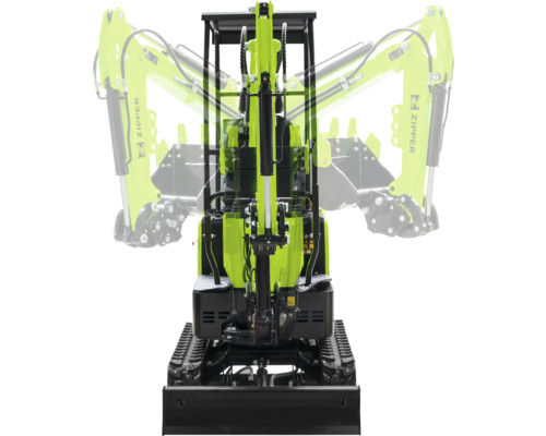 Zipper minigraafmachine met rupsbanden en schuifblad, toont het zwenkbereik van de hydraulische giek in vooraanzicht.