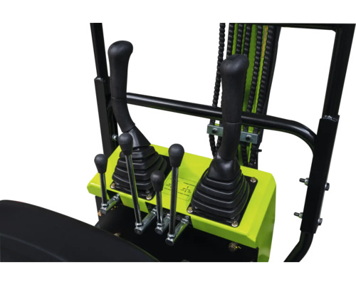 Bedieningspaneel van een minigraafmachine met zwarte bedieningshendels op een neongroene basis.