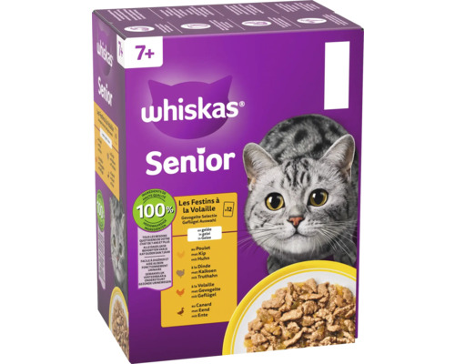 Whiskas Senior 7 plus kattenvoer, Gevogelte Selectie in gelei, verpakking van 12 zakjes.