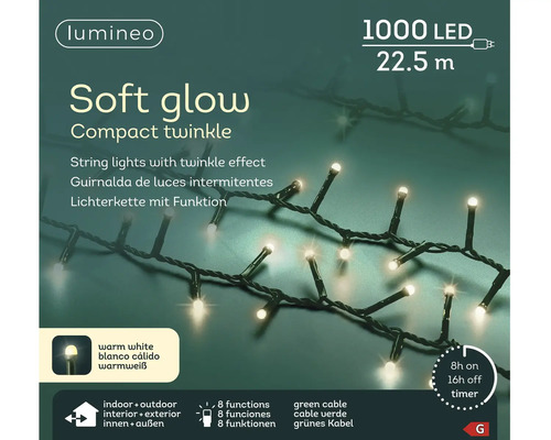 Lumineo LED-verlichting Soft Glow Compact Twinkle, 1000 LEDs, 22,5 meter, warm wit, 8 functies, timer, voor binnen en buiten.