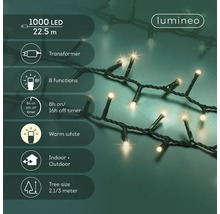 Infographic voor Lumineo LED-lichtsnoer met 1000 warmwitte leds, 22,5 meter lengte, transformator, 8 functies, timer en geschikt voor buiten.