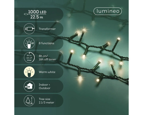 Infographic voor Lumineo LED-lichtsnoer met 1000 warmwitte leds, 22,5 meter lengte, transformator, 8 functies, timer en geschikt voor buiten.