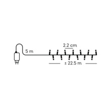 Technische tekening van een lichtsnoer met 5 meter aanloopsnoer, een lampafstand van 2,2 centimeter en een lichtlengte van plus minus 22,5 meter