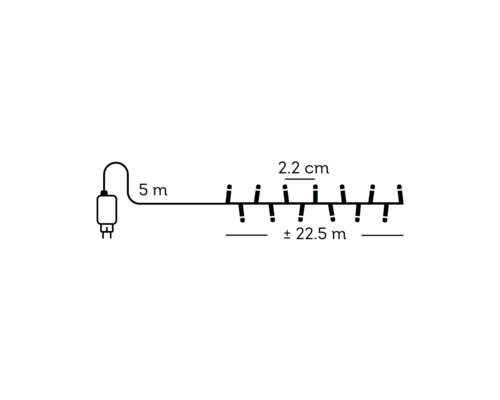 Technische tekening van een lichtsnoer met 5 meter aanloopsnoer, een lampafstand van 2,2 centimeter en een lichtlengte van plus minus 22,5 meter