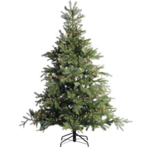 Groene kunstkerstboom met geïntegreerde LED-verlichting en zwarte metalen standaard.