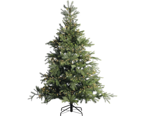 Groene kunstkerstboom met geïntegreerde LED-verlichting en zwarte metalen standaard.
