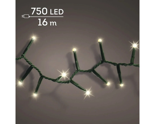 LED-kerstverlichting met 750 leds, 16 meter lengte, donkergroene kabel, warm wit licht voor kerstdecoratie.