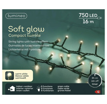 Lumineo LED-lichtsnoer met 750 leds, 16 meter lengte, warm wit licht, voor binnen en buiten, met timer en 8 functies.