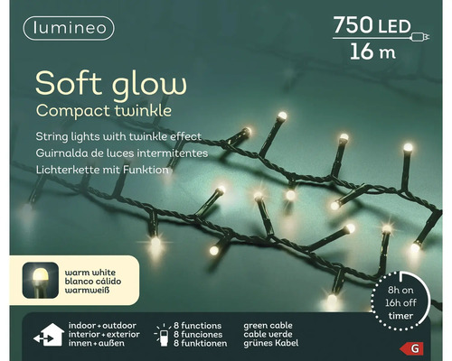 Lumineo LED-lichtsnoer met 750 leds, 16 meter lengte, warm wit licht, voor binnen en buiten, met timer en 8 functies.