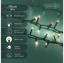 Lumineo Logo. LED-lichtsnoer met 750 warmwitte leds, 16 meter, transformator, 8 functies, timer, binnen en buiten, boommaat 1,8 tot 2,1 meter.